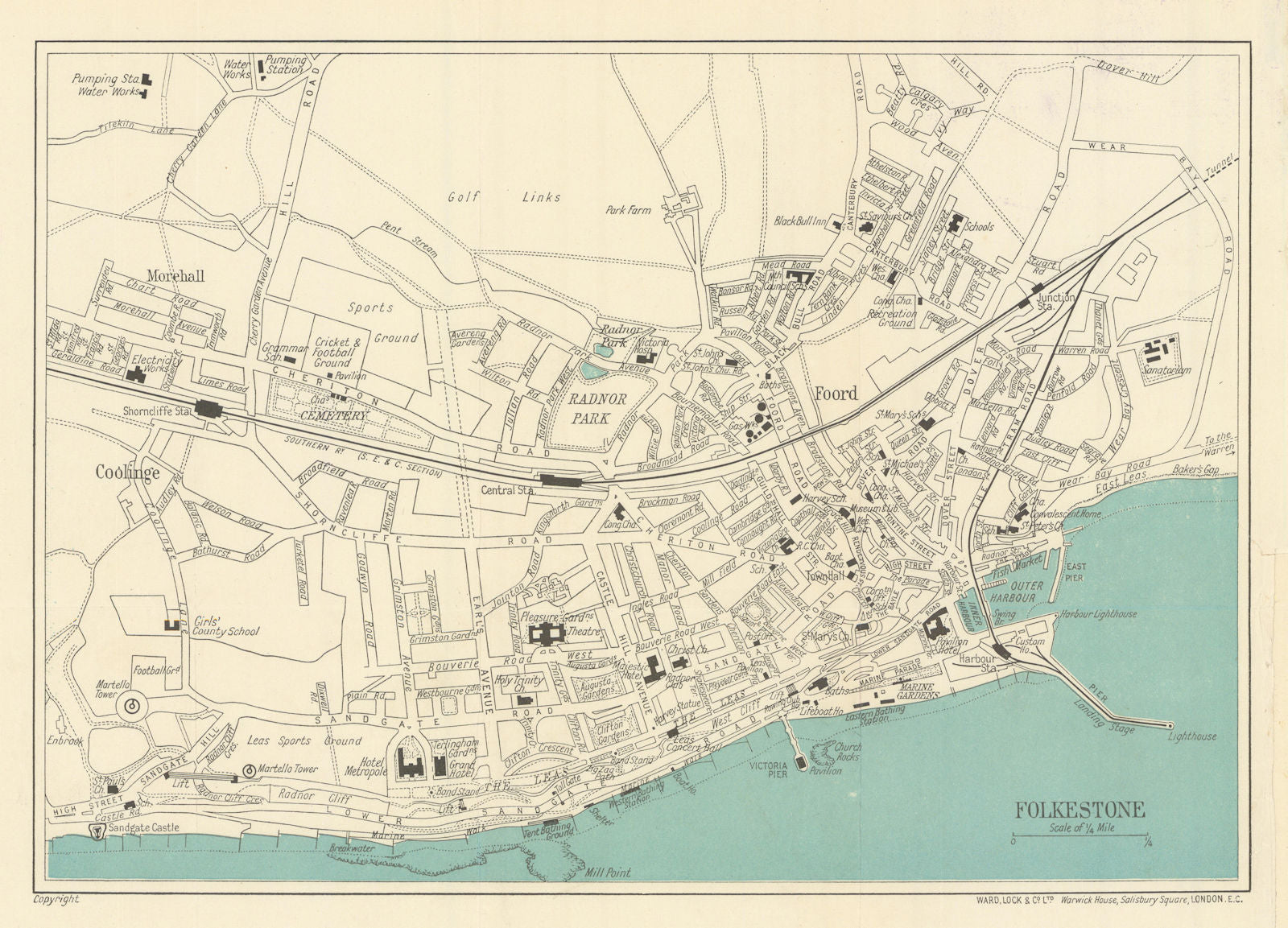FOLKESTONE vintage tourist town city plan. Kent. WARD LOCK 1924 old map